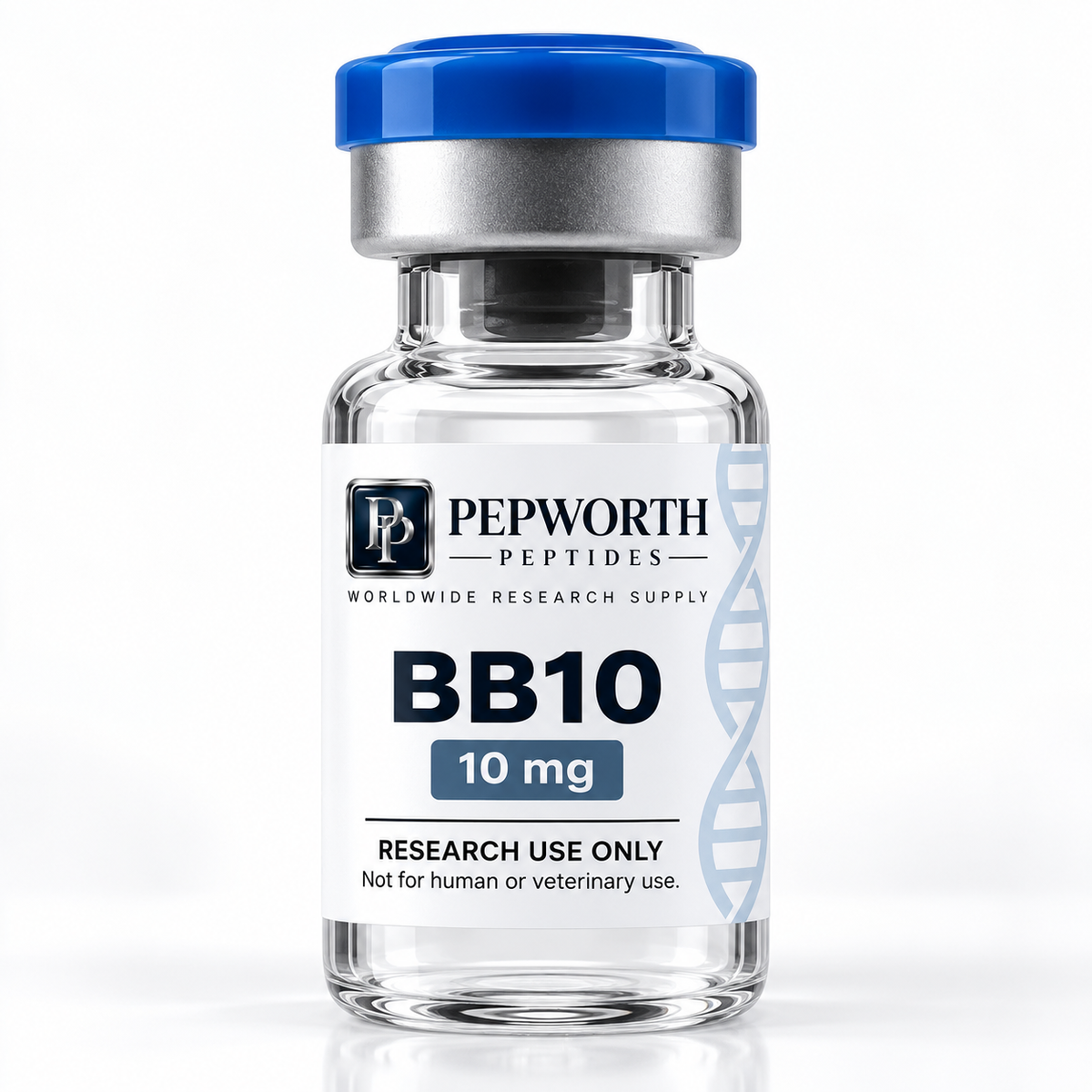 A clear glass vial with a white label and a blue cap, labeled PEPWORTH PEPTIDES BB10 10 mg, on a white background.