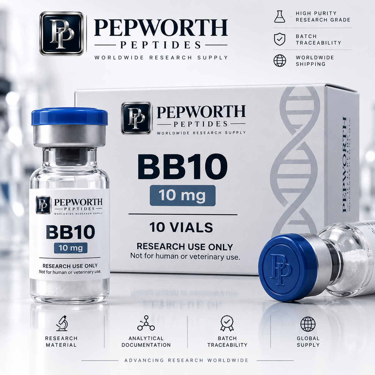 Pepworth Peptides BB10 10 mg peptide vials and packaging box, featuring a glass vial with a blue cap, a white box, and a loose blue cap on a clean white background with product information text.